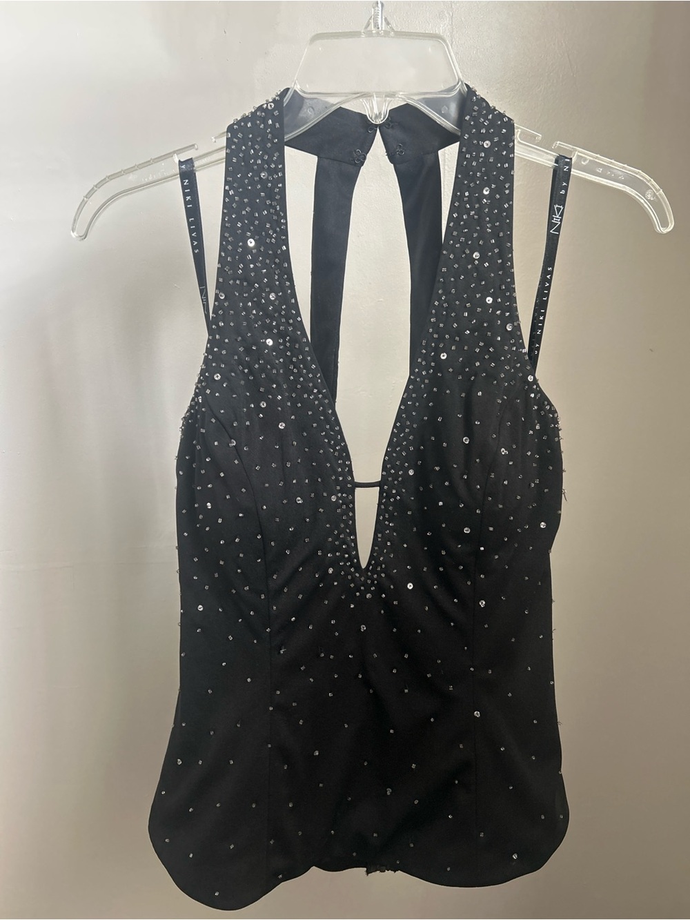 Niki Lavis Black Rhinestone Halter Tank Top